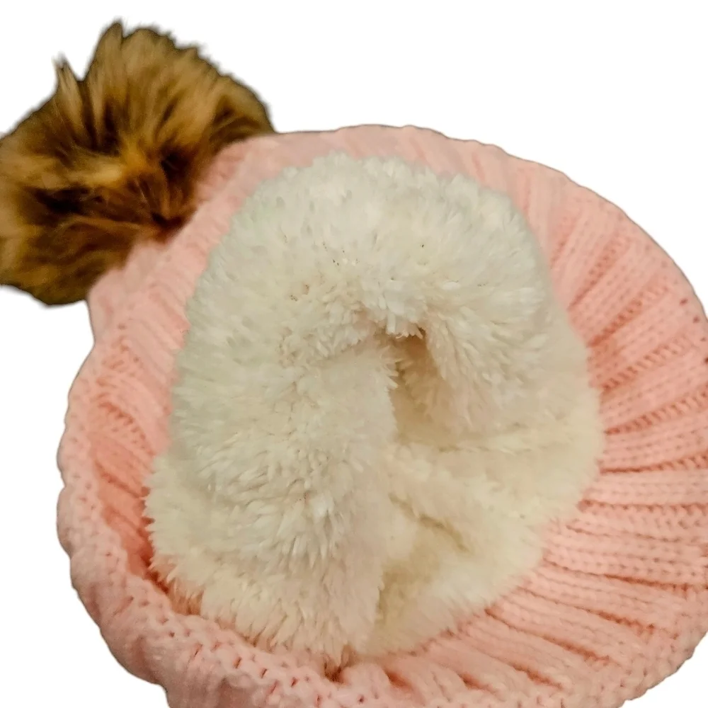 Pink Cable Knit OS Fleece Lined Beanie with Faux Fur Pom NWOT